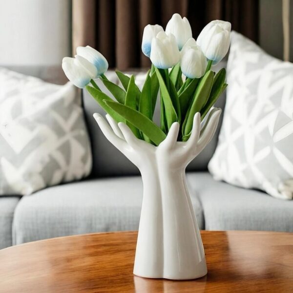 Hands Holding Flowers Ceramic Vase