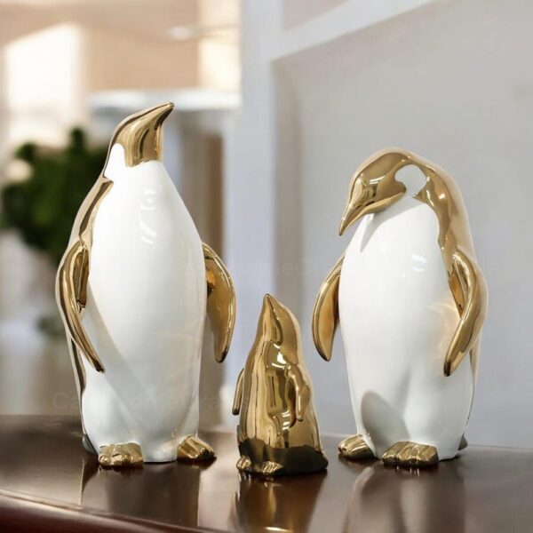 Modern Penguin Porcelain Statue with Gold & Silver Accents