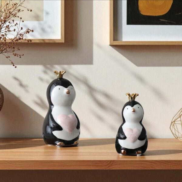 Cute Penguin Figurine with Crown & Heart
